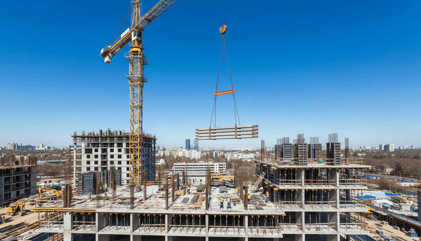 Gru che solleva materiali in cantiere