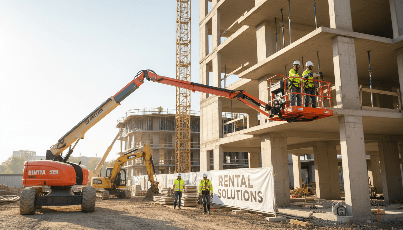 Aerial platform with operators at a construction site under bright daylight.