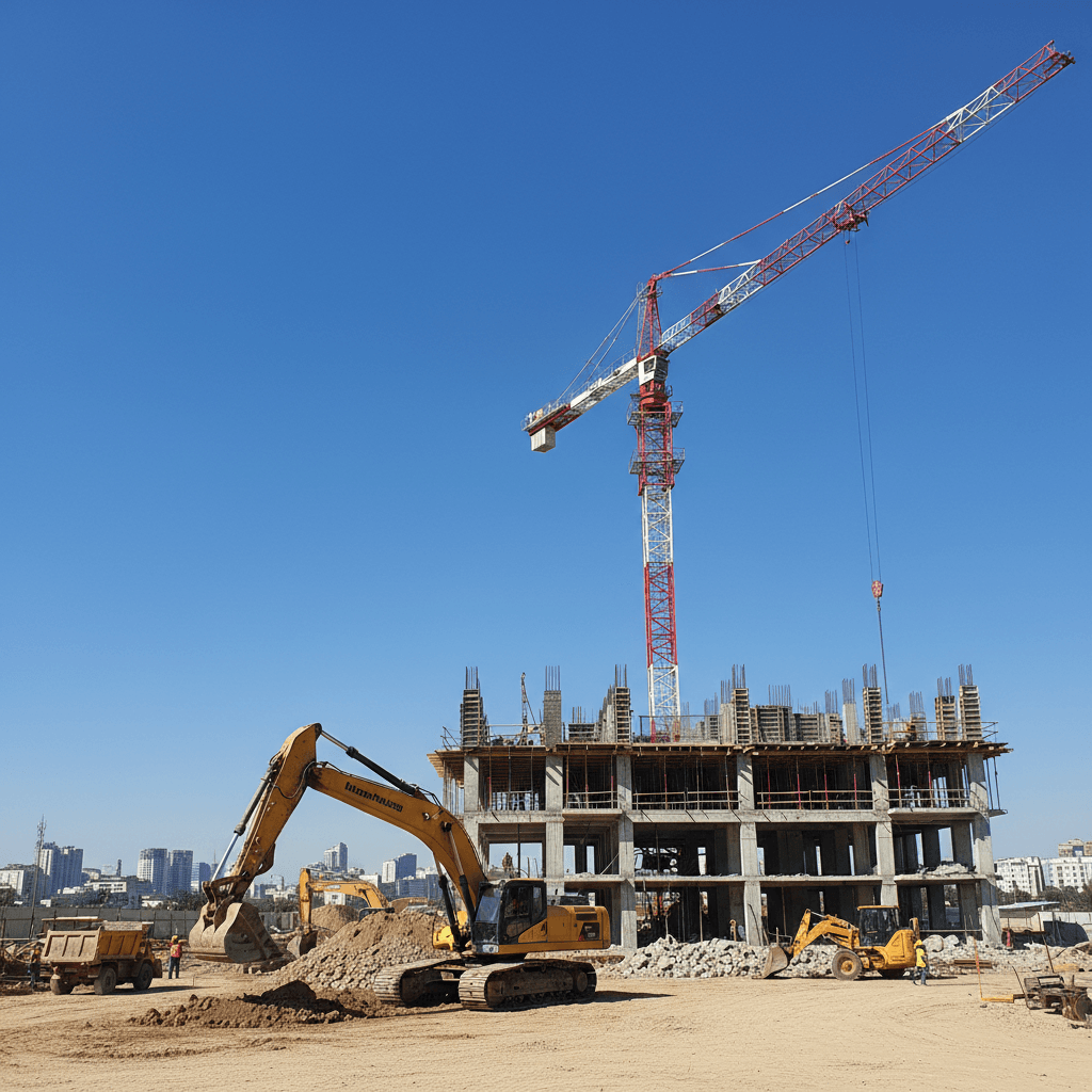 Escavatori e gru su cantiere edile