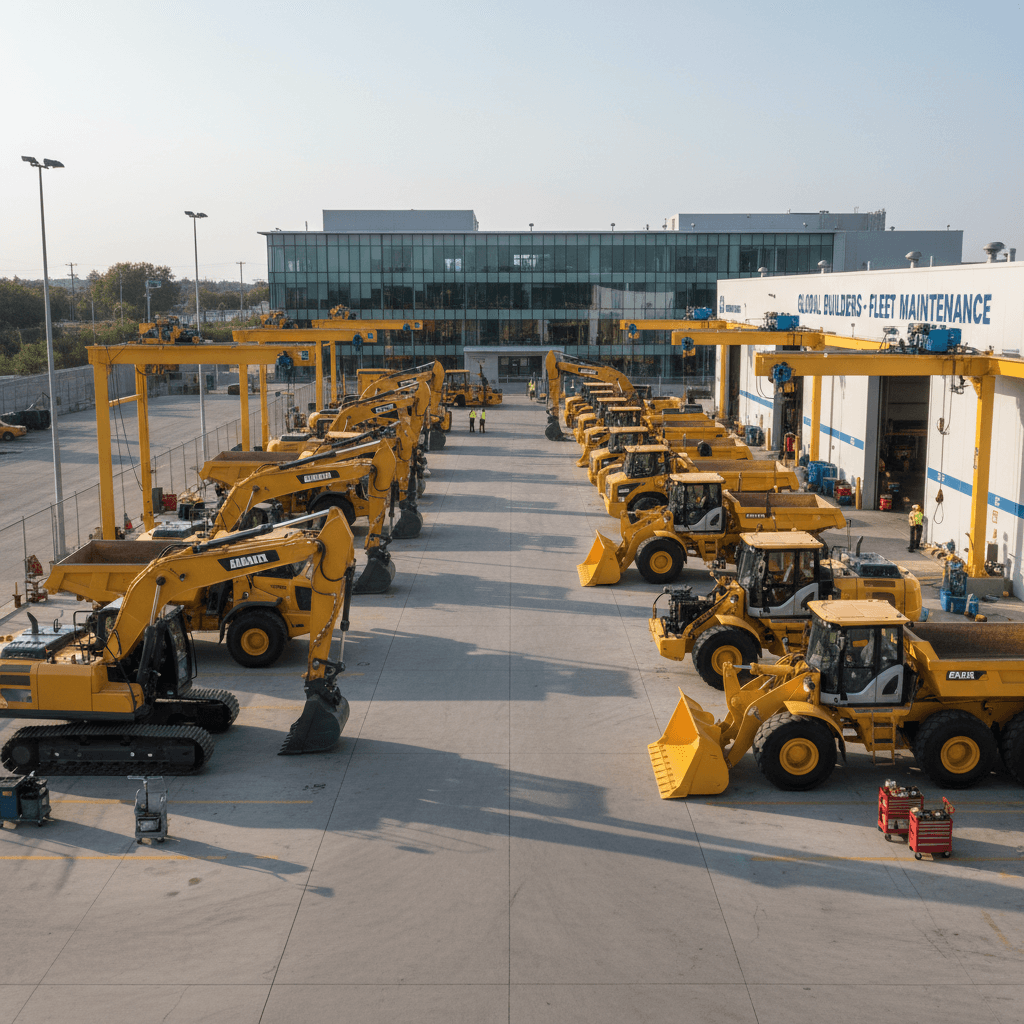 Flotta di attrezzature edili in cantiere di manutenzione