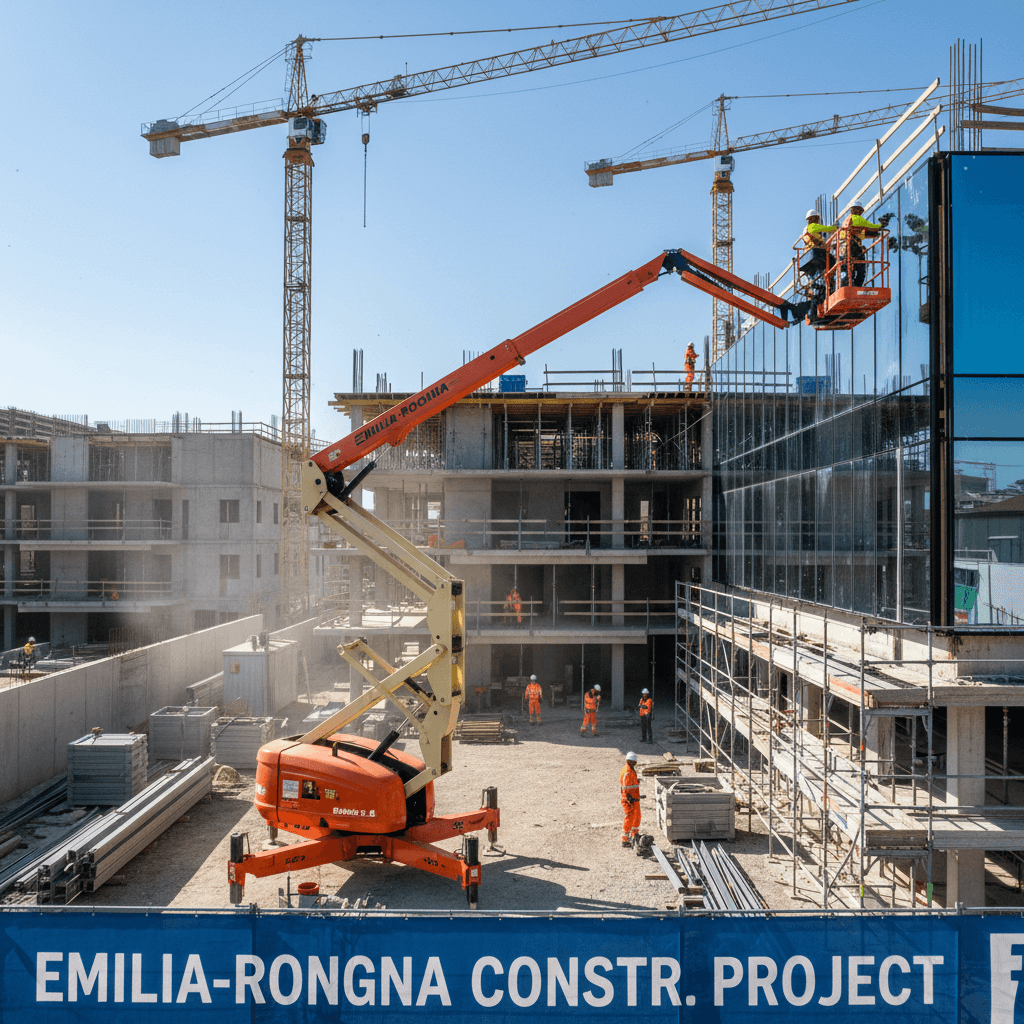 Aerial platform operating at a construction site in Emilia-Romagna region