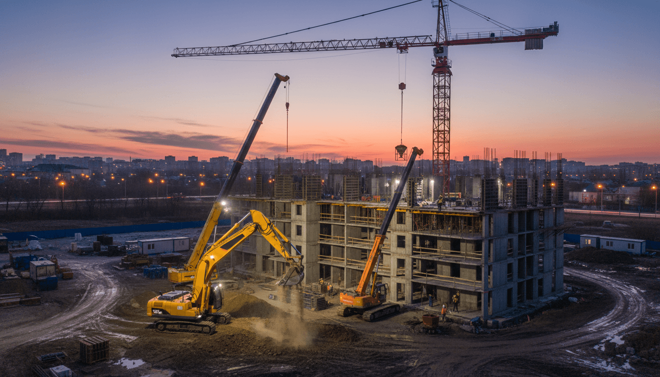 Cantiere edile con escavatore e gru in azione durante un progetto di costruzione