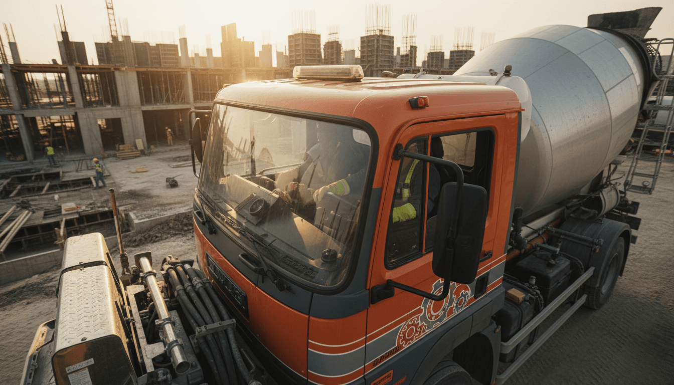 Concrete mixer truck cab during operation with rotating drum visible, approaching active construction site in daylight