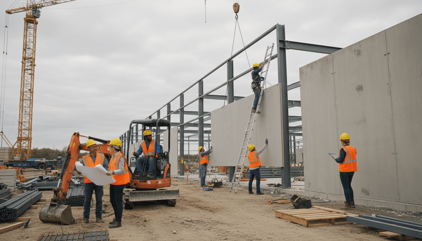 Diverse construction crew actively working on commercial building site with equipment and coordinated labor