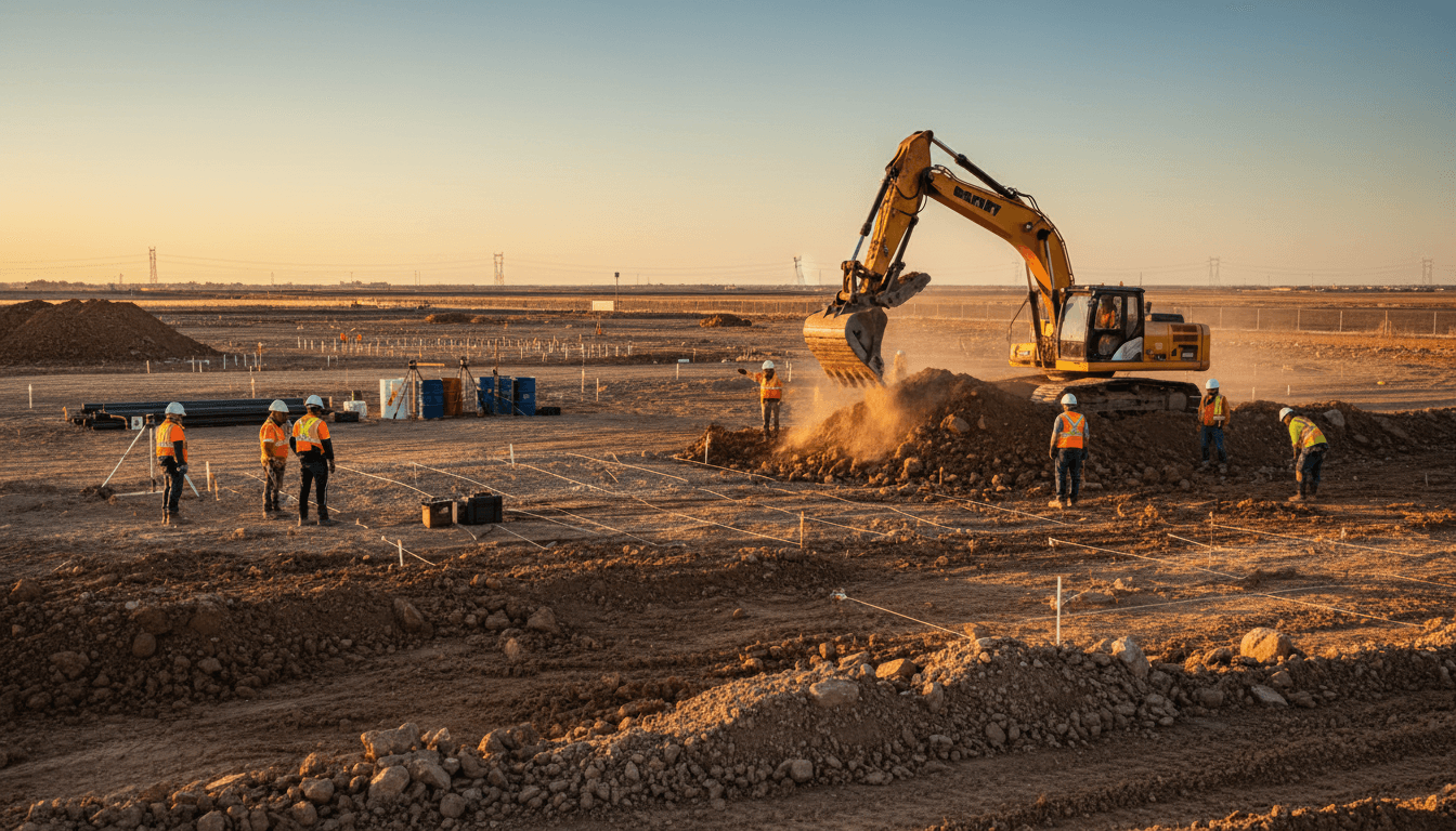 Cantiere in Emilia-Romagna con escavatori e gru in attività