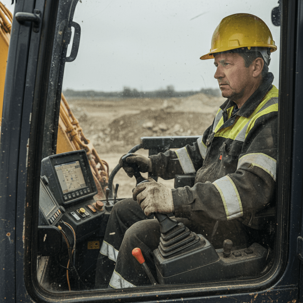 Skilled equipment operator focused on controls inside excavator cabin, wearing safety helmet during construction operations