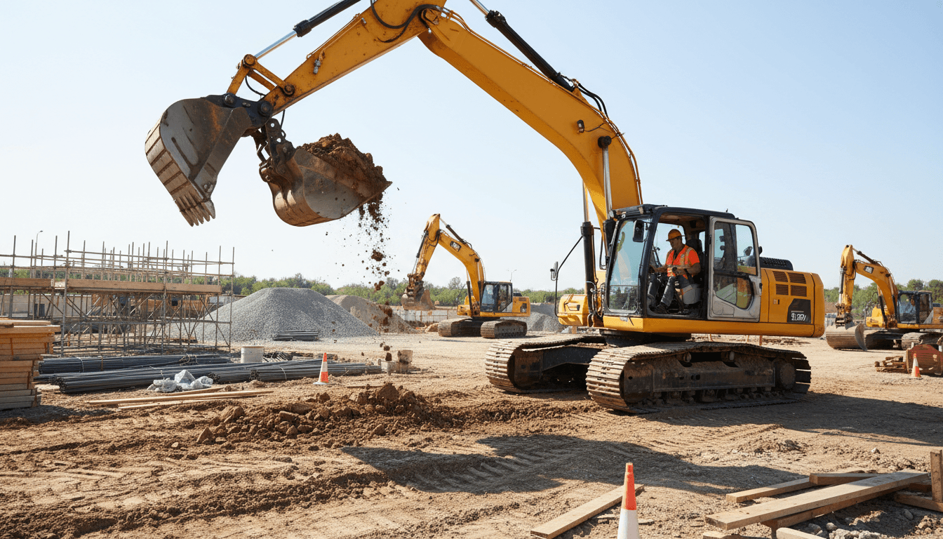 Escavatore in cantiere pronto per il noleggio