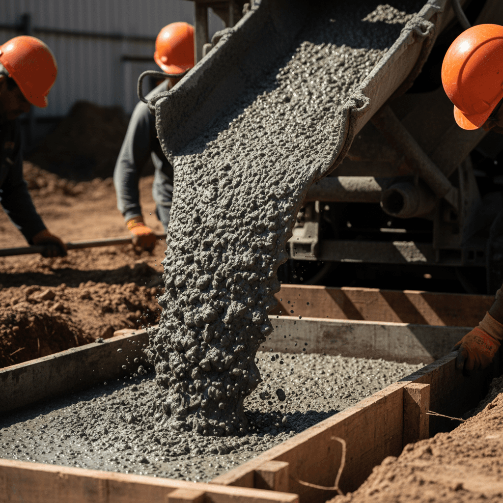 Close-up of concrete flowing from mixer truck into construction site foundation pit with worker hands visible