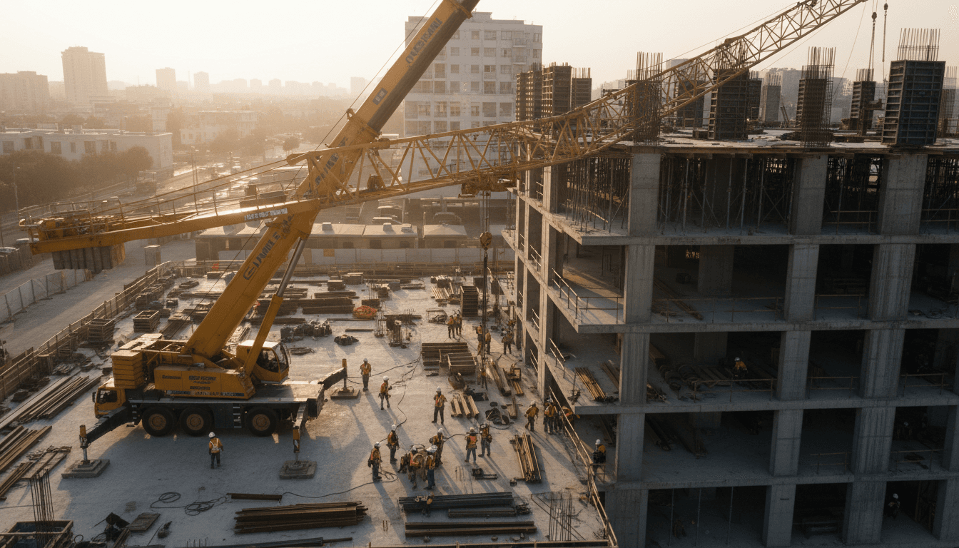 Gru mobile durante sollevamento materiali in cantiere